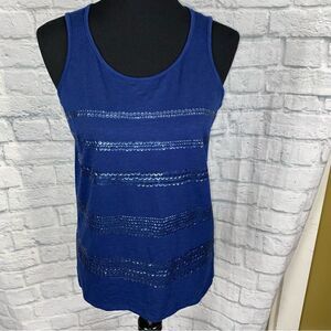St Johns Bay cotton blend sleeveless tank top w/sequins navy blue sz Med